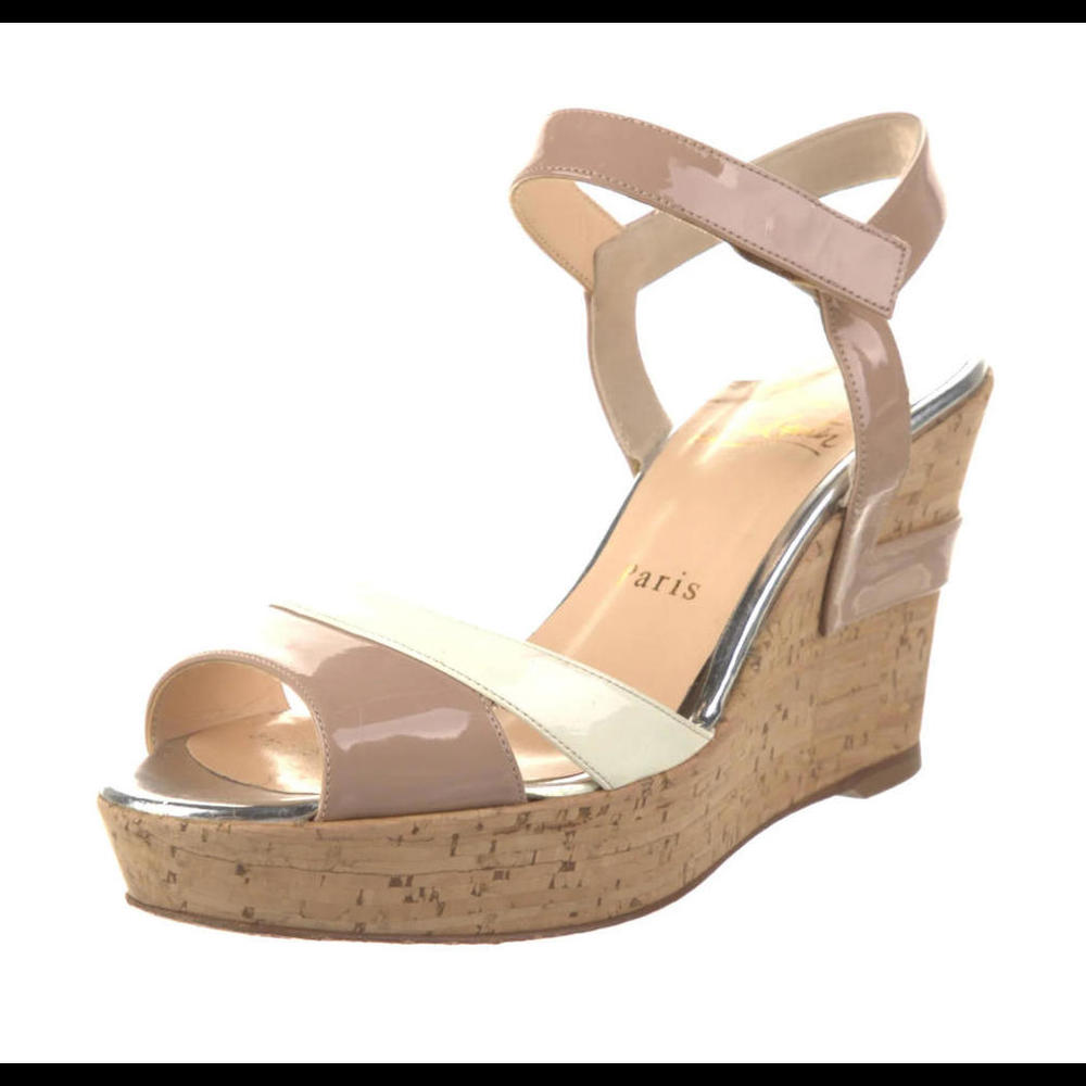 Authentic Christian Louboutin Tan&White Silver Patent Leather Cork Wedge Heels
